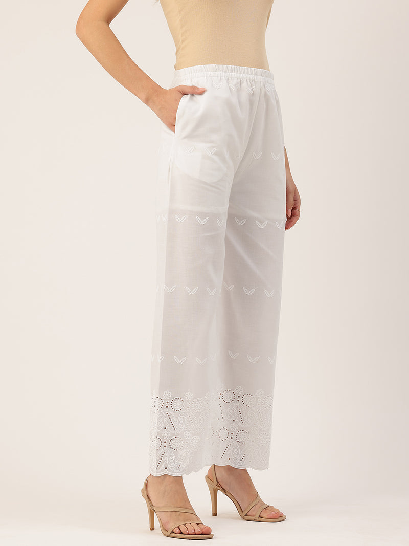 White Embroidered Palazzos–Fully Lined, Elastic Waist & Ankle-Length with Side Pocket