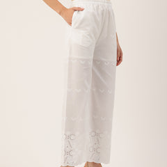 White Embroidered Palazzos–Fully Lined, Elastic Waist & Ankle-Length with Side Pocket