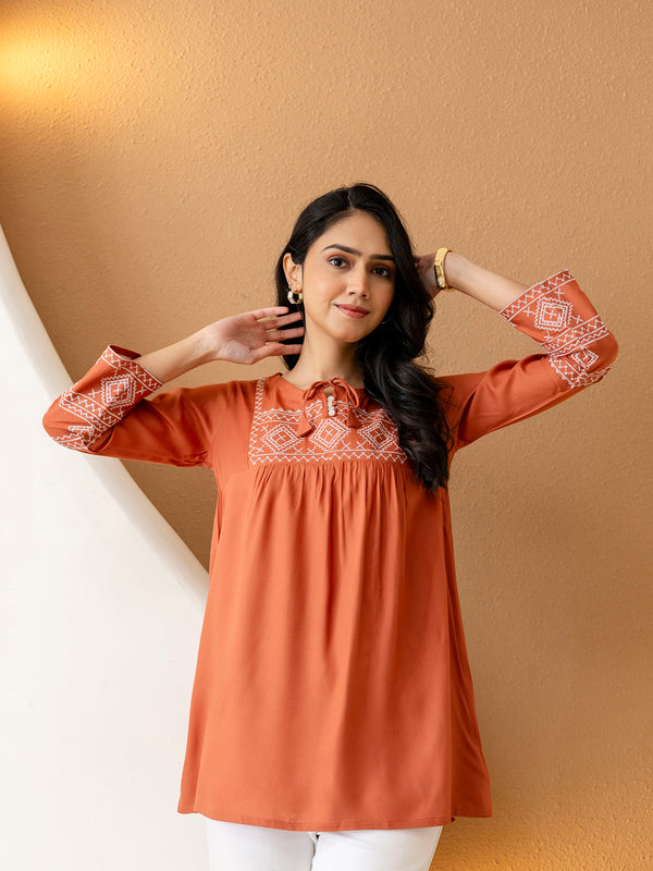 Solid Hip Length Embrioded 3/4 Sleeves Kurti