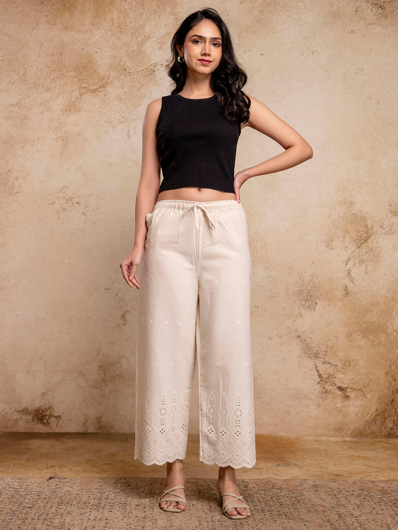 Women’s Cotton Embroidered Wide-Leg Palazzos | Soft, Breathable & Elegant