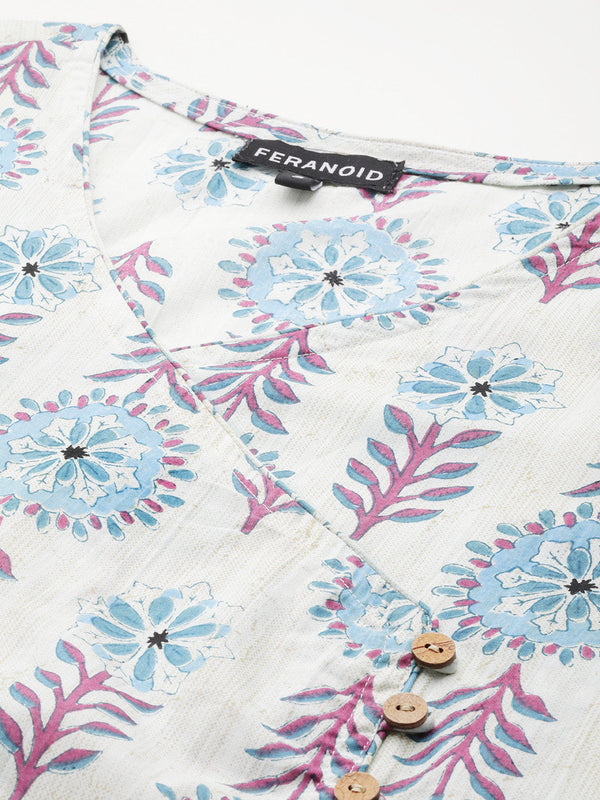 Floral Print 4 Button Angrakha Long Kurti