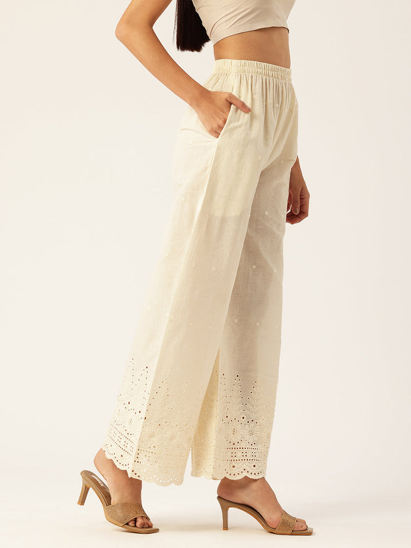 Beige Palazzos | Embroidered Elegnace With Elastic Waist & Single Pocket