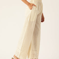 Beige Palazzos | Embroidered Elegnace With Elastic Waist & Single Pocket