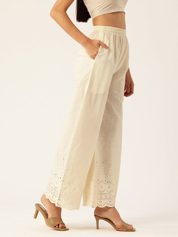 Beige Palazzos | Embroidered Elegnace With Elastic Waist & Single Pocket