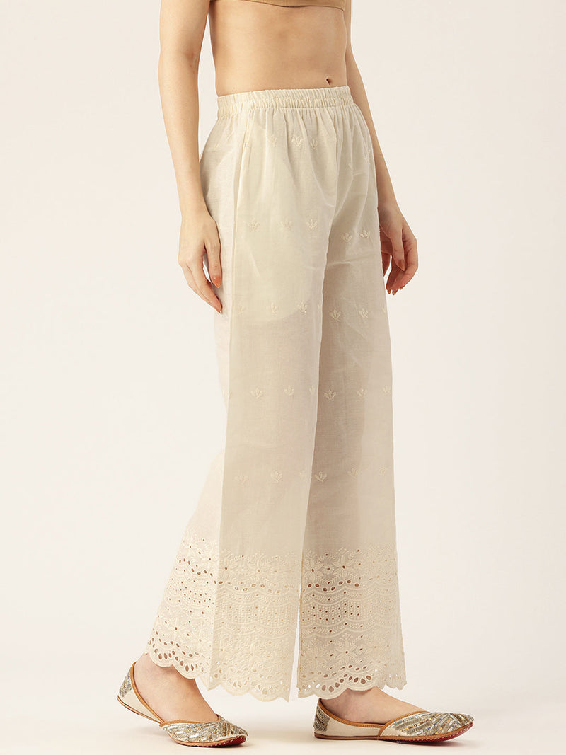Beige Palazzos | Embroidered Elegnace With Elastic Waist & Single Pocket