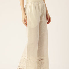 Beige Palazzos | Embroidered Elegnace With Elastic Waist & Single Pocket