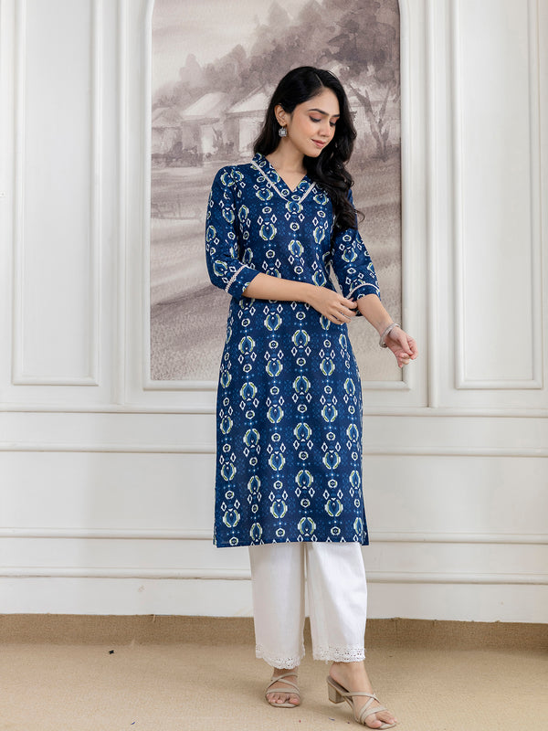 Elegant Ethnic Printed Cotton Straight Kurta with V-Neckline
