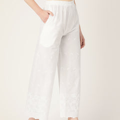 White White Embroidered Cotton Palazzos–Elastic Waist & Ankle-Length with Side Pocket