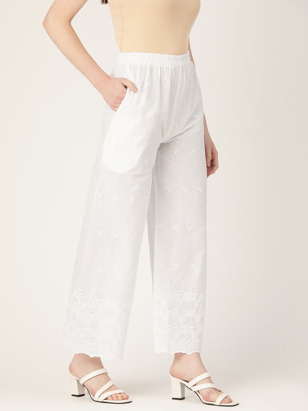 White White Embroidered Cotton Palazzos–Elastic Waist & Ankle-Length with Side Pocket