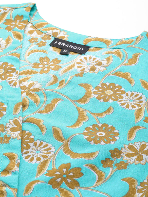 Floral Print Angrakha 3\4 Sleeves Flared Kurti