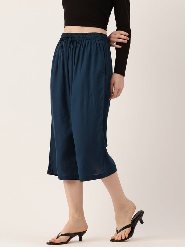 Women's Culottes | Calf-Length Pants with Double Pockets & Elastic Waistband