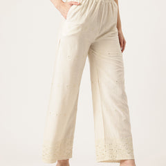 Beige Beige Palazzo|Embroidered, Flax Cotton, Sequin Detail, Ankle-Length, Single Pocket