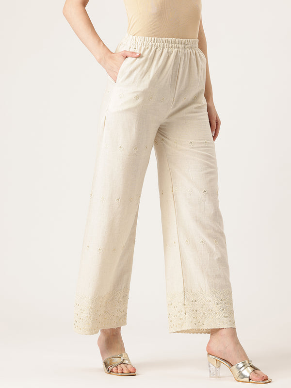 Beige Beige Palazzo|Embroidered, Flax Cotton, Sequin Detail, Ankle-Length, Single Pocket