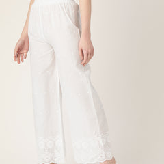 White White Embroidered Cotton Palazzos–Elastic Waist & Ankle-Length with Side Pocket