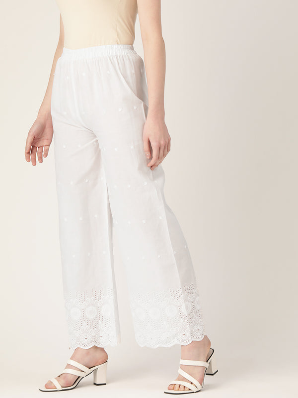 White White Embroidered Cotton Palazzos–Elastic Waist & Ankle-Length with Side Pocket