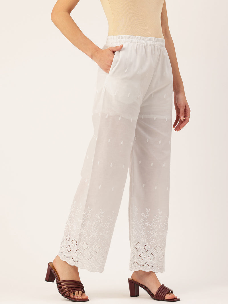 White Embroidered Palazzos–Fully Lined, Elastic Waist & Ankle-Length with Side Pocket