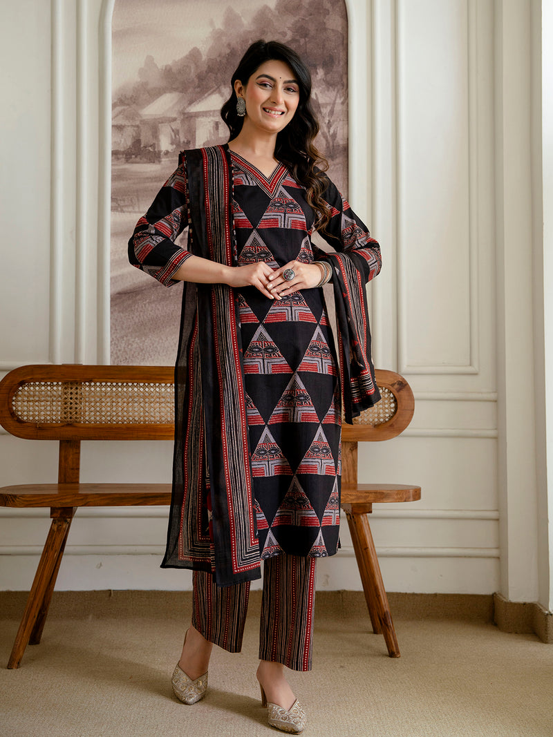 Bordered V-Neck 3-Piece Kurta Set with Ankle-Length Pants & Full-Length Dupatta (M–XXL)
