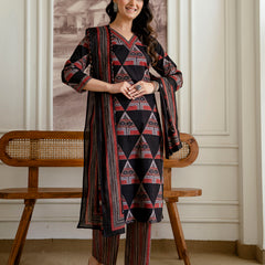 Bordered V-Neck 3-Piece Kurta Set with Ankle-Length Pants & Full-Length Dupatta (M–XXL)