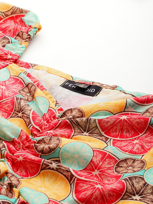 Cropped v-neck peplum puff sleeved top with digital print on linen fabric.