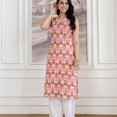 Elegant Sleeveless Cotton Printed Straight Kurta with Refined V-Neckline