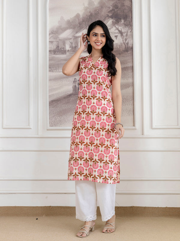 Elegant Sleeveless Cotton Printed Straight Kurta with Refined V-Neckline