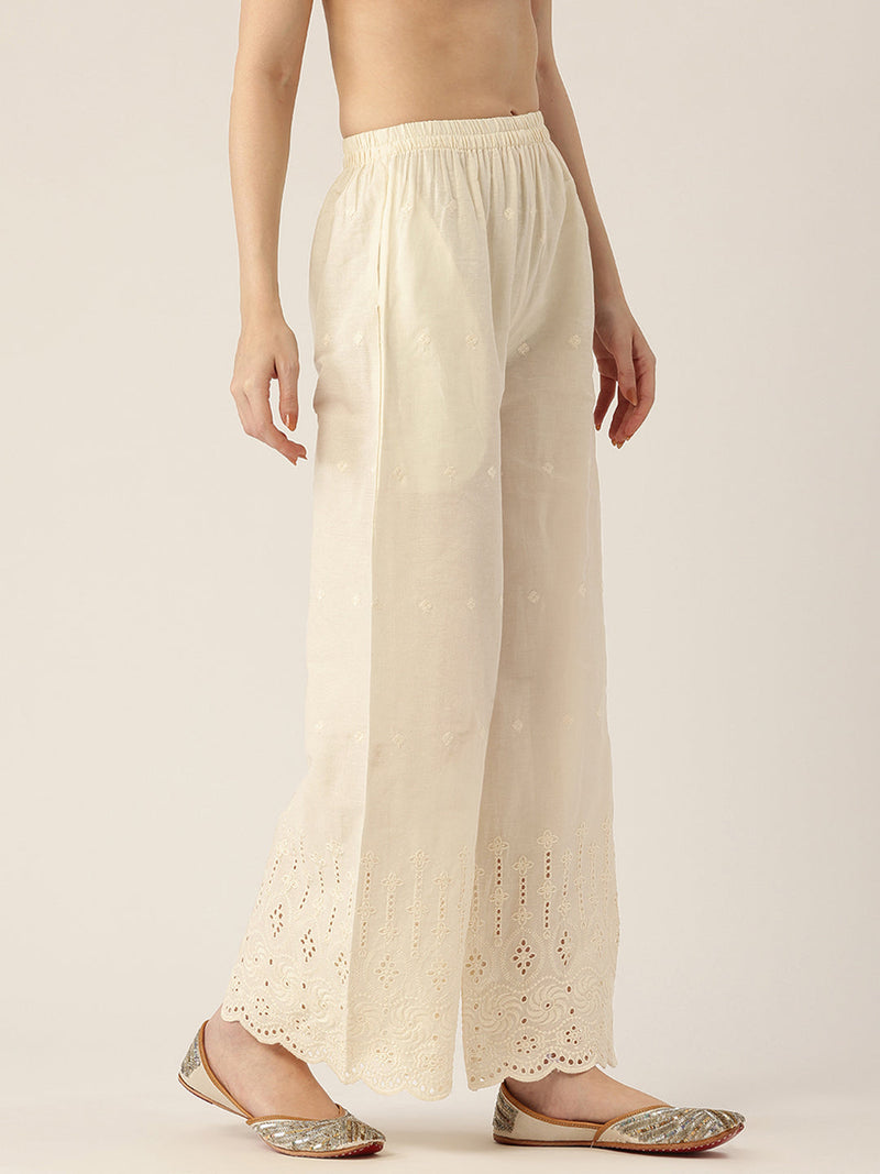 Beige Palazzos | Embroidered Elegnace With Elastic Waist & Single Pocket