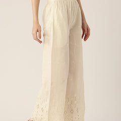 Beige Palazzos | Embroidered Elegnace With Elastic Waist & Single Pocket