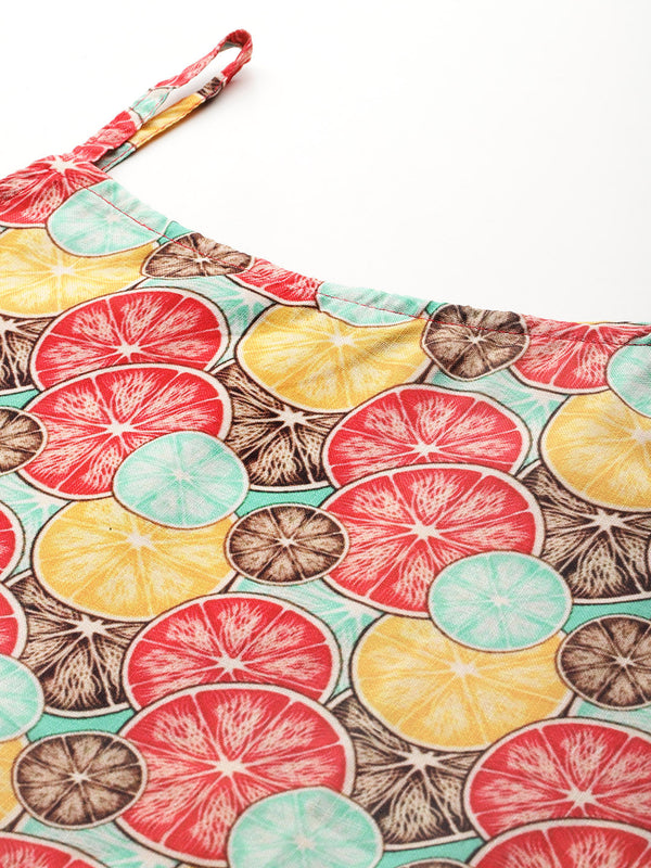 Cropped Sleeveless strap Peplum top with digital print on linen fabric.| Size- Small| Colour - Magenta, Yellow, Aqua