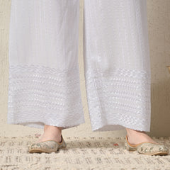 White White Embroidered Cotton Palazzos–Elastic Waist & Ankle-Length with Side Pocket