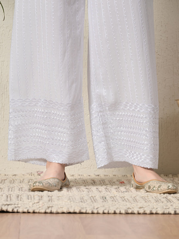 White White Embroidered Cotton Palazzos–Elastic Waist & Ankle-Length with Side Pocket