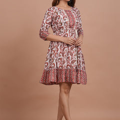 Floral Cotton Flared Dress (S–XXL | 3/4 Sleeves) – Breezy Comfort with Feminine Flow