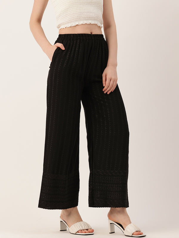 Black Black Embroidered Cotton Palazzos–Elastic Waist & Ankle-Length with Side Pocket