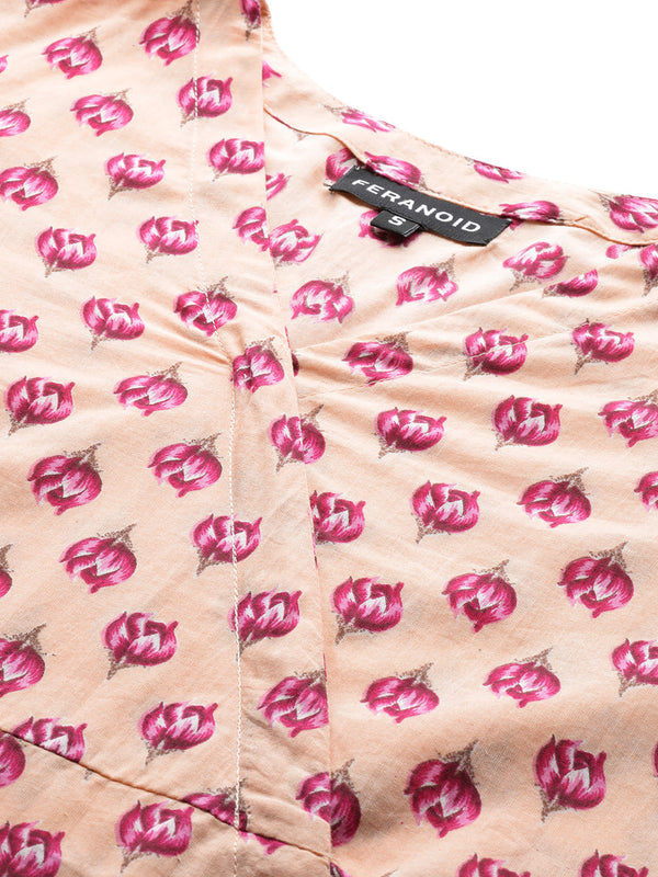 Floral Print Angrakha 3\4 Sleeves Flared Kurti