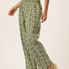 Green Women Pure Cotton Paisley Printed Palazzo Pants | Elastic Waist | Wide Leg