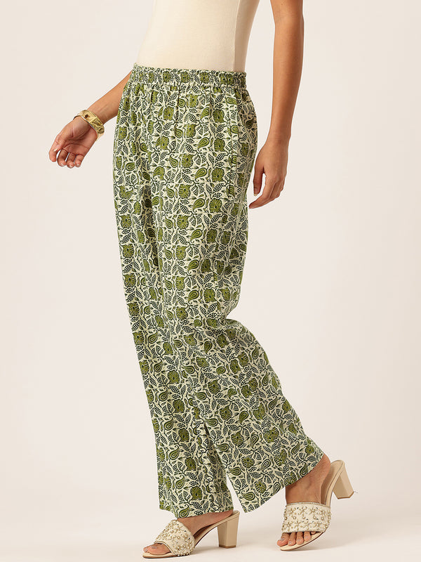 Green Women Pure Cotton Paisley Printed Palazzo Pants | Elastic Waist | Wide Leg