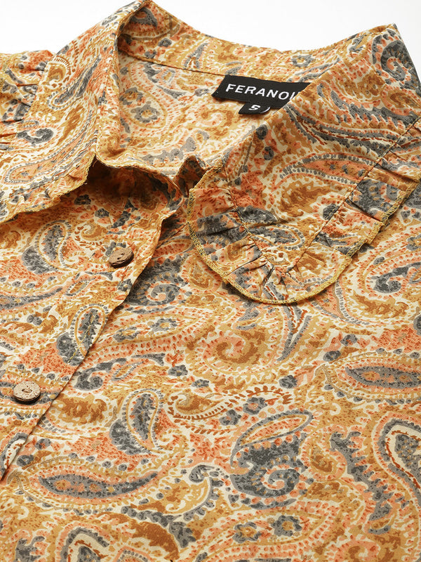 Multicolor Elegant Collared Co-Ord Set with Frill Detail & Elasticated Pants