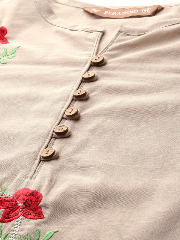 Beige Women's Embroidered Co-ord Set - Viscose Fabric Full Sleeve Shirt and Pant