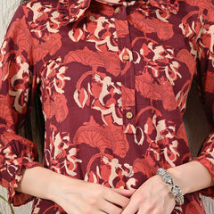 Maroon Elegant Collared Co-Ord Set with Frill Detail & Elasticated Pants