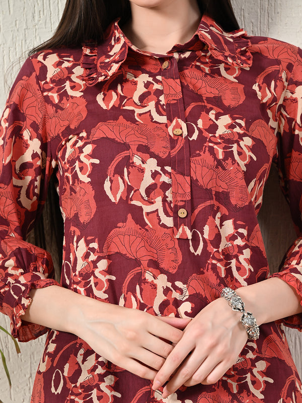 Maroon Elegant Collared Co-Ord Set with Frill Detail & Elasticated Pants