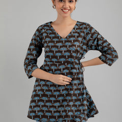 Floral Printed V-Neck Pure Cotton Angrakha A-Line Kurti