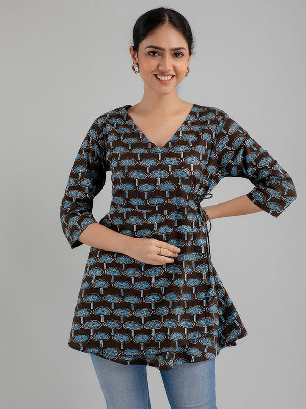 Floral Printed V-Neck Pure Cotton Angrakha A-Line Kurti
