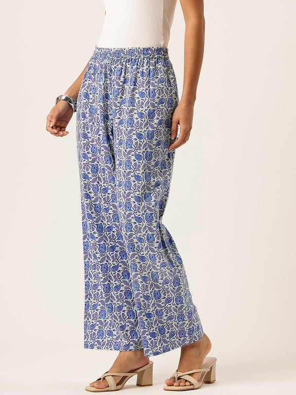 Light Blue Women Pure Cotton Paisley Printed Palazzo Pants | Elastic Waist | Wide Leg