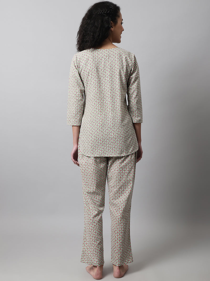Green Printed Cotton Night Suit with V-Neck Kurti & Ankle-Length Pants