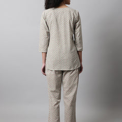 Green Printed Cotton Night Suit with V-Neck Kurti & Ankle-Length Pants