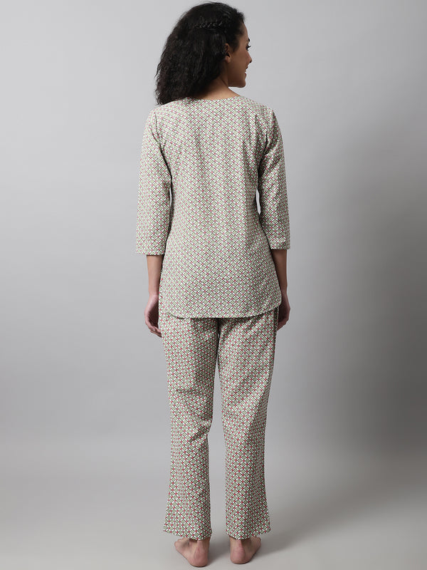 Green Printed Cotton Night Suit with V-Neck Kurti & Ankle-Length Pants