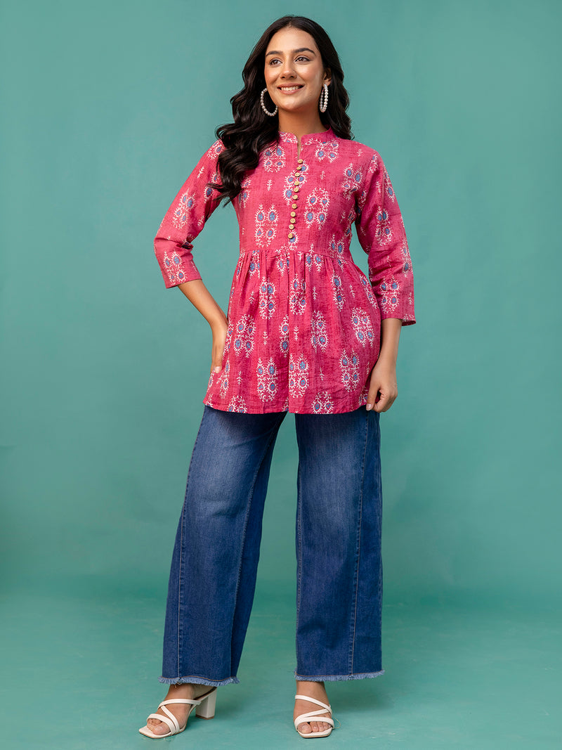 Top – Mandarin Collar, 3/4 Sleeves, Flattering Fit (Sizes S–XXL)