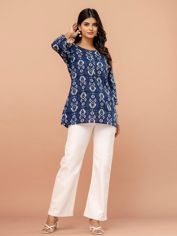 Chic Printed Short Kurti with Round Neck & 3/4 Sleeves