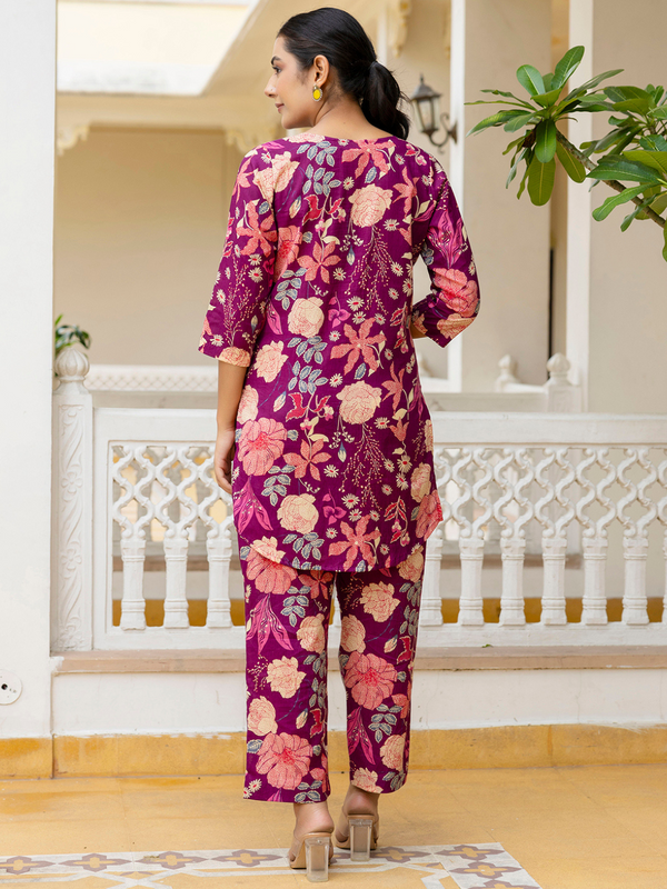 Purple Breezy Printed Cotton Co-Ord Set for Comfortable All-Day Wear