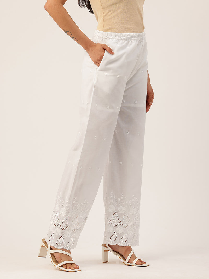 White Embroidered Palazzos–Fully Lined, Elastic Waist & Ankle-Length with Side Pocket