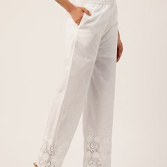 White Embroidered Palazzos–Fully Lined, Elastic Waist & Ankle-Length with Side Pocket